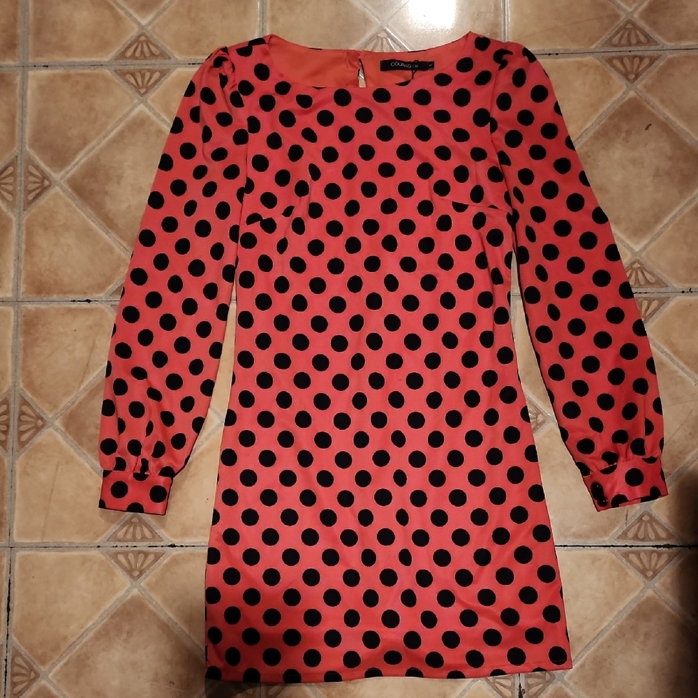 Zara Coral Dress with Black Polka Dots